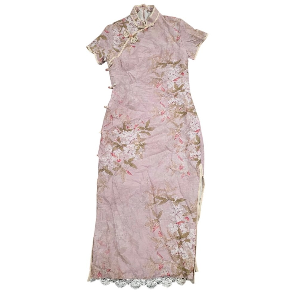 Pink Floral Qipao Cheongsam Dress Mandarin Collar Frog Button Lace Trim Maxi M